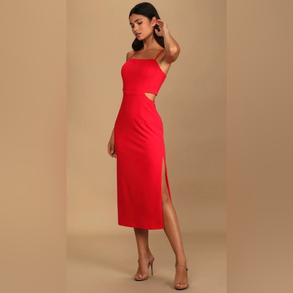 Lulus Only the Good Times Red Sleeveless Cutout Midi Dress